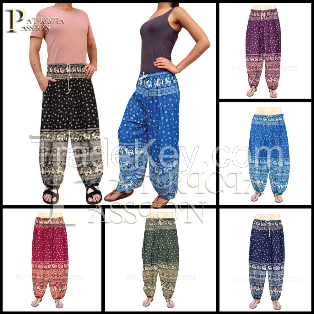 Harem Comfort Pants for Women/Men/Unisex , Great for Yoga/Sport/Outdoor, Long/Short Pants, Handmade in Thailand, Boho/Gypsy/Harem/Hippie Pants, Oriental Elephant Print