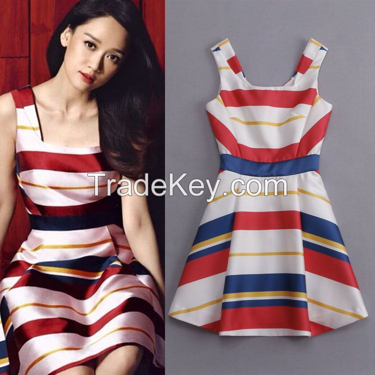 2015 Fashion Women Casual Style Mix Color Stripy Tank Dress