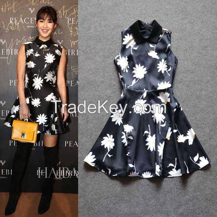 2015 Celebrity Same Style High Quality One Piece Black Printed A Line Dress