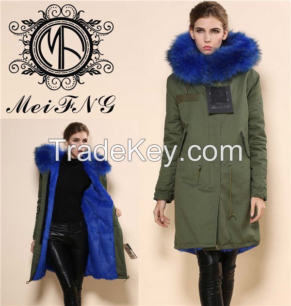 Army Green Drawstring Belt Hooded fur Parka Coat