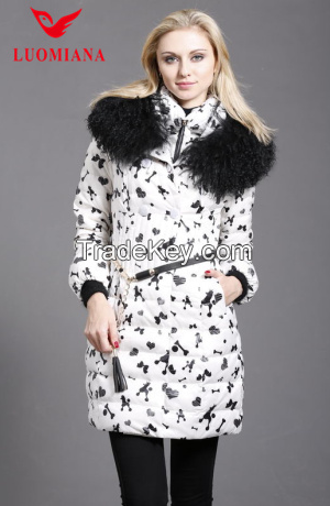 sheep fur collar fashion winter clothing flower printed ladies winter jacket