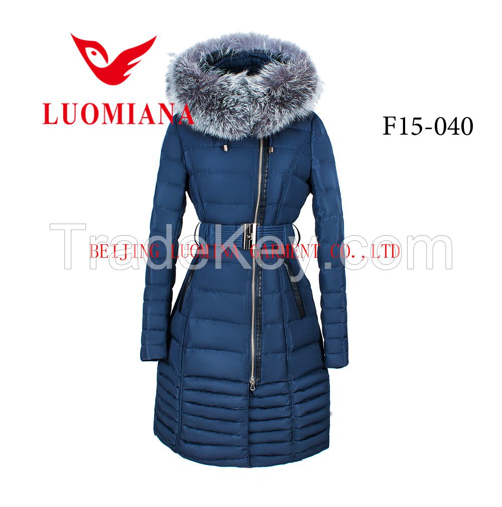 long women winter jacket with real silver fox fur collar 2015 wholesale