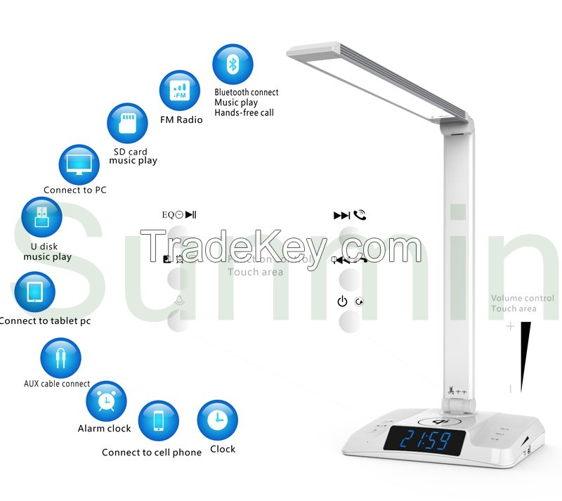 Bluetooth Speaker, Radio, Alarm clock, wireless charge USB Smart Desk Lamp, Stepless Touch Dimmable, 3-mode Light Change, Touch-Sensitive Control Panel, Energy Efficient, Eye-protection