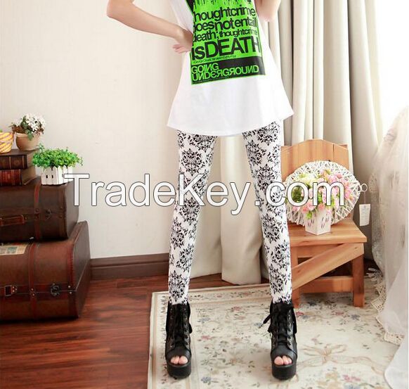 WOMENS FASHION PATTERNED PRINTED LEGGINGS LEGGINS TIGHTS PANTYHOSE HIGH WAISTED PANTS STRETCHY FOOTLESS FLOWER PATTERN COLOUR WHITE BLACK