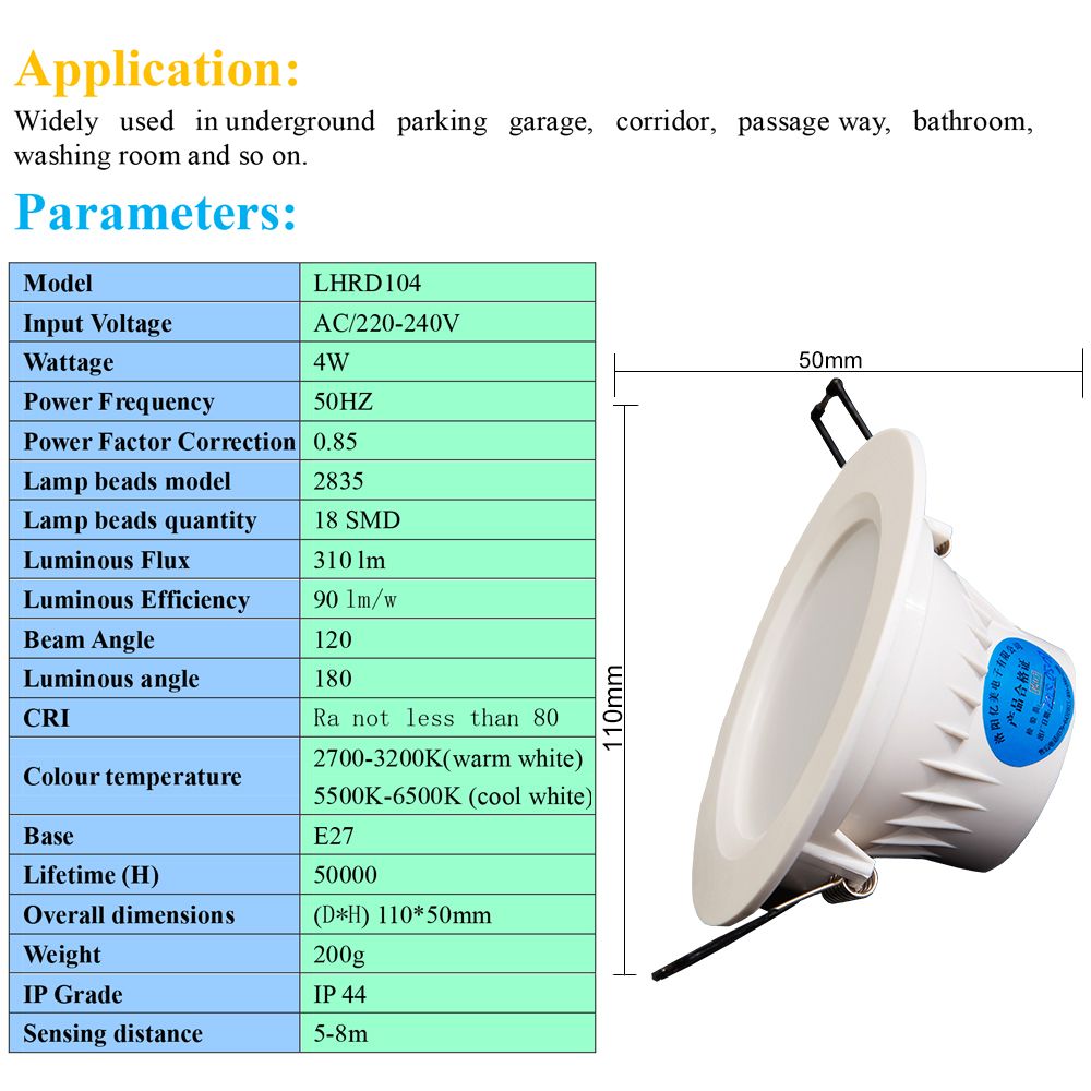 4W motion sensor LED down light