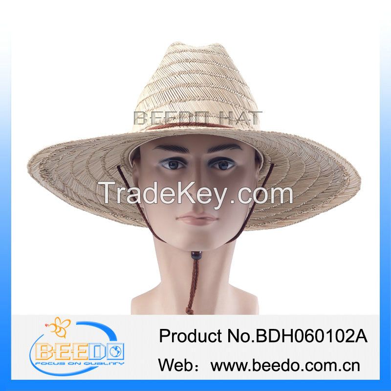 2015 fashion men flat brim wide brim straw cowboy hat with black grosgrain ribbon