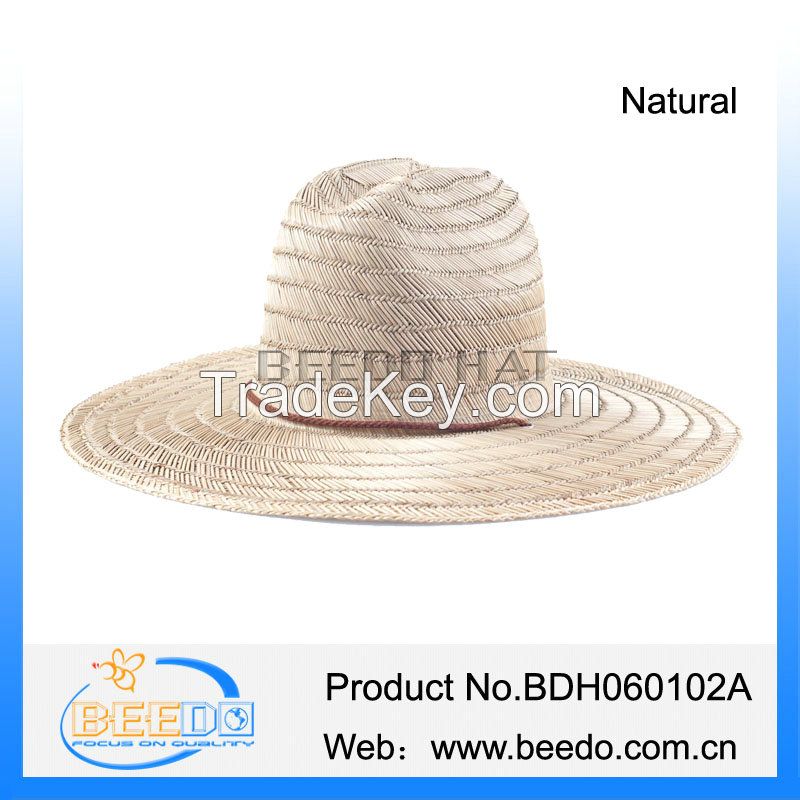 Wide brim hollow straw cowboy hat with wind break