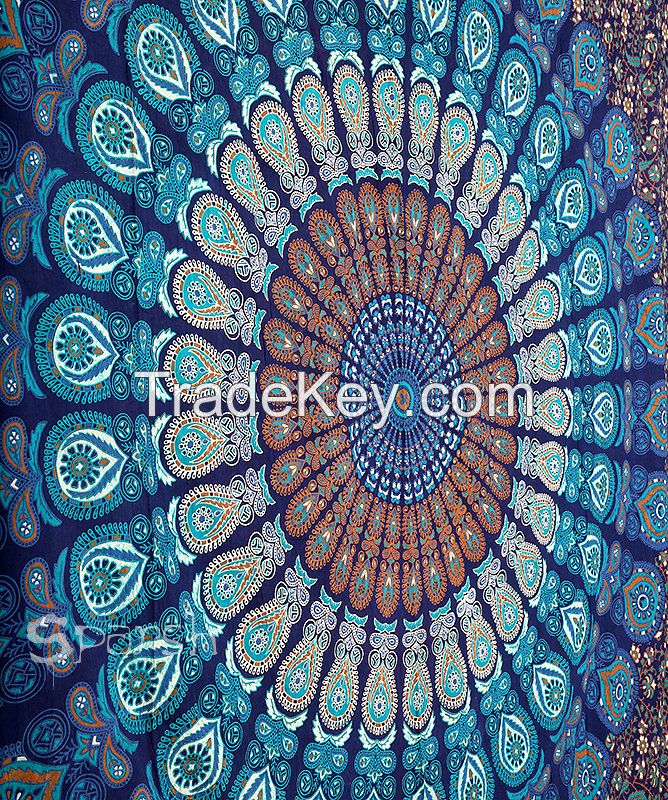 Block Printed Bed Sheet /Bed Spread Hippie Mandala Indian Tapestry/Blue Cotton Mandala Bed cover