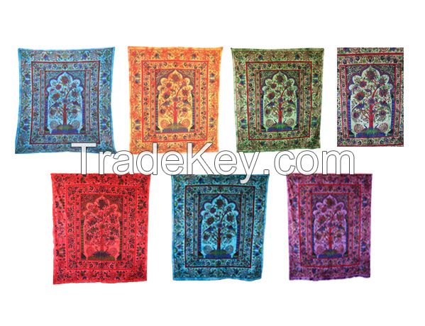 Handicrunch | Indian Peacock Style Tree of Life Tapestry  Bed Cover, Wall hanging