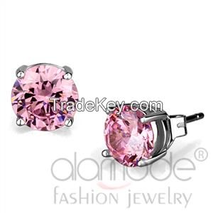 LO3952 Rhodium AAA Grade CZ Rose Pink Stud Earrings