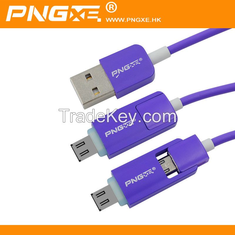 PNGXE Wholesale 2 in 1 Micro USB Data Cable with Led light for iphone for samsung