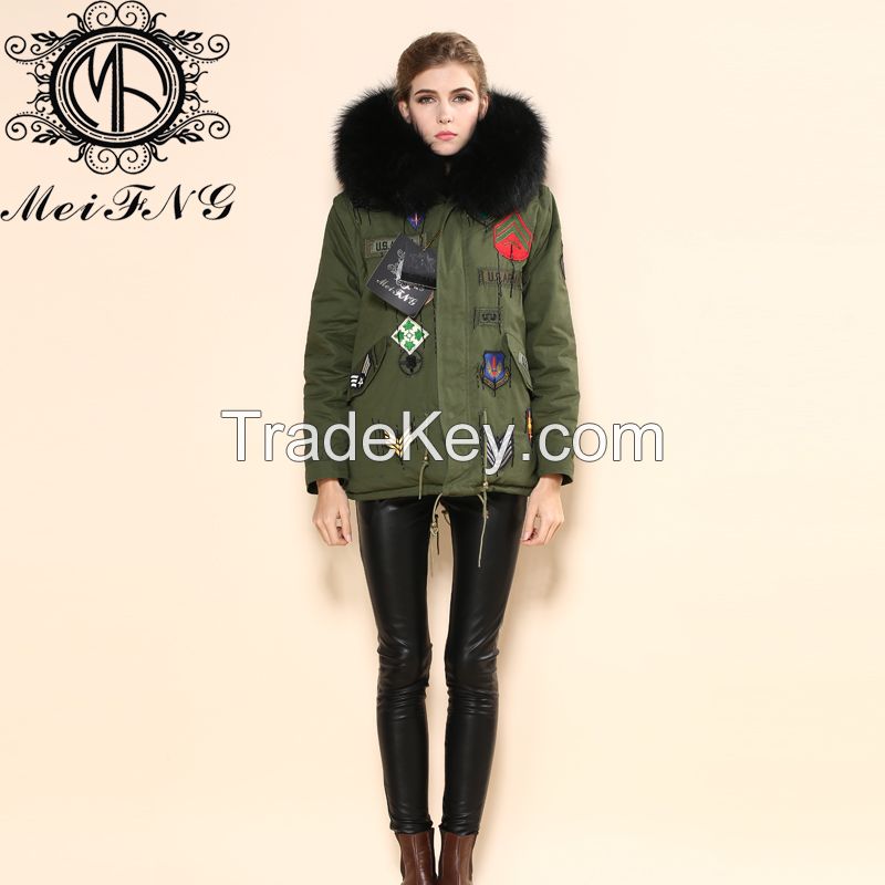 2015 Most Popular Mr Mrs Army Green Fur Jacket With Raccoon Fur Collar