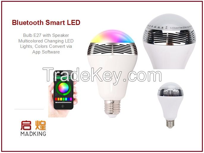 Bluetooth Smart LED Bulb E27 with Speaker, Multicolored Changing LED Lights, Colors Convert via App Software.