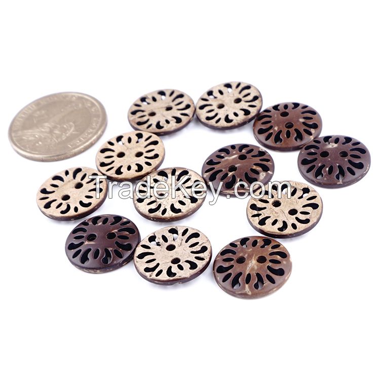 28L dark chocolate color round domed top natural coconut shell custom hollow laser button