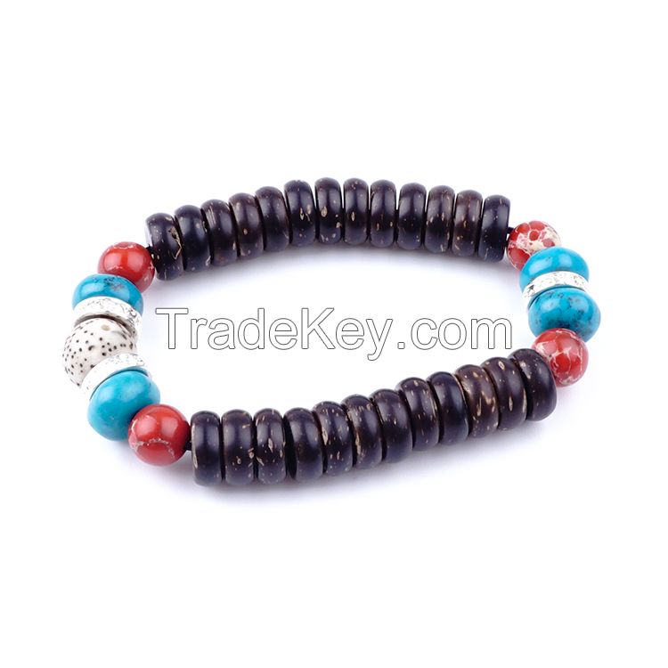 Natural brown color wheel shape coconut shell beaded tibetan bracelet jewelry