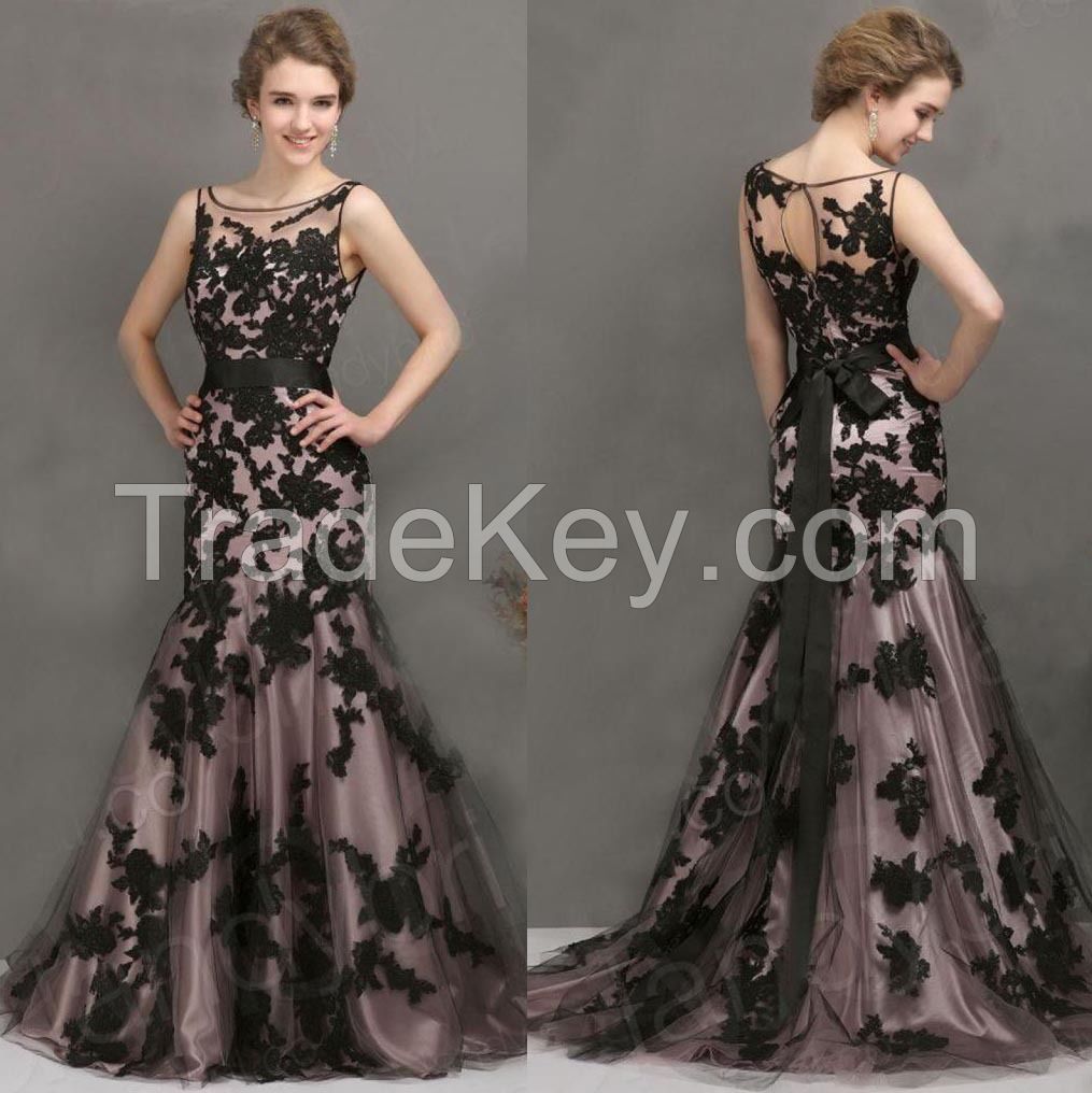 2015 New Design Graceful Eye-catching Full Black Appliques Fishtail Mermaid Evening Gowns