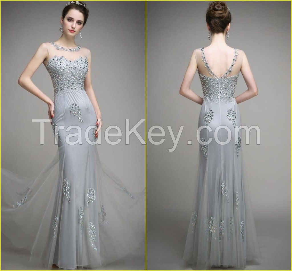 100% Real Sample OEM Service Charming Eye-catching Diamonds and Pearls and Beading  Light Grey Mermaid Evening Dress