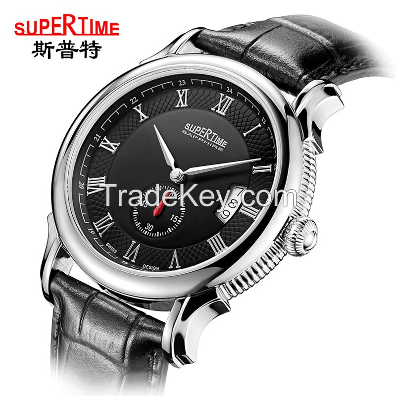 Stainless steel watch with genuine leather band, wholesale men's watch