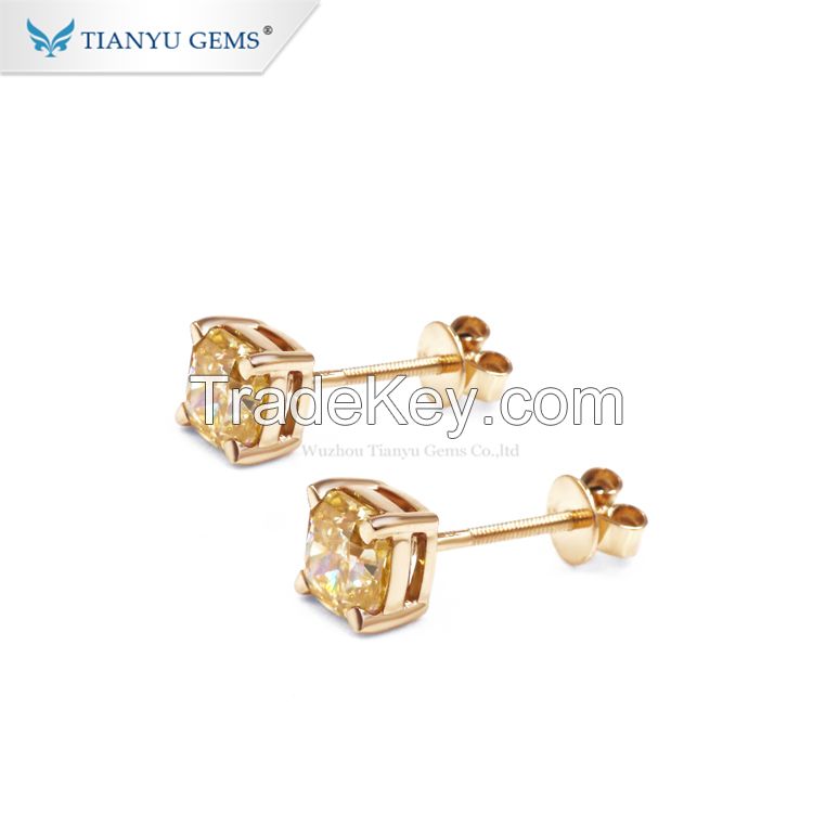 Tianyu Gems Custom 18K gold earrings vivid yellow cushion cut moissanite jewelry earrings