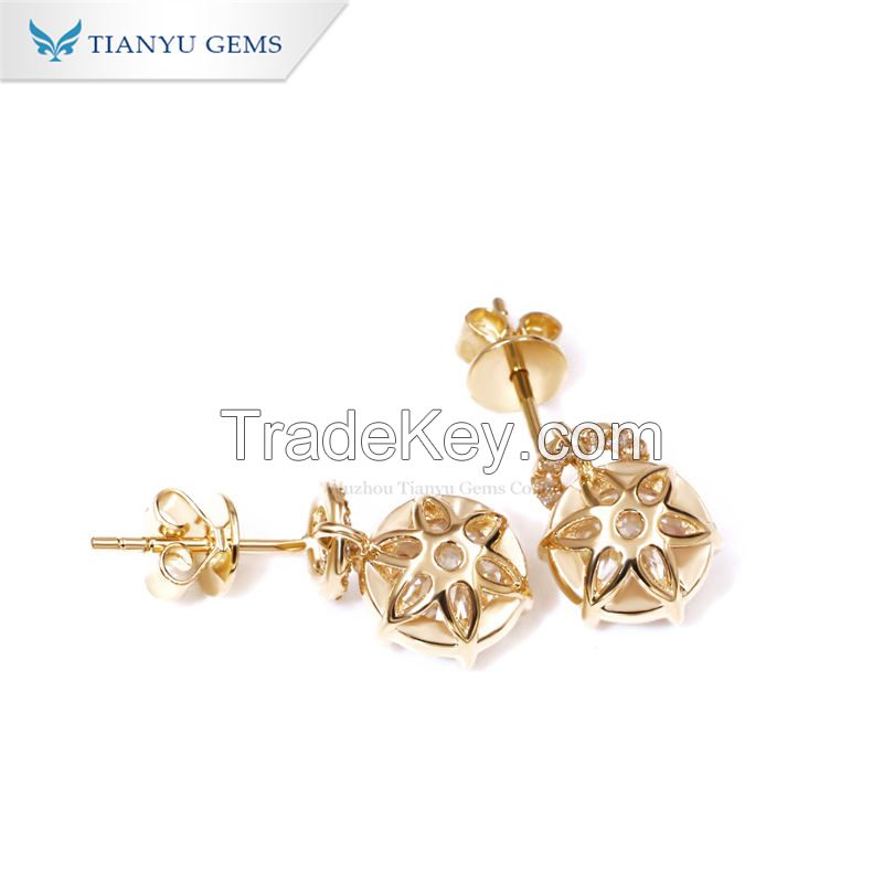 Tianyu Gems Pure Yellow Gold Classic Design Round OEC Cut Moissanite Diamond beautiful Stud Earrings