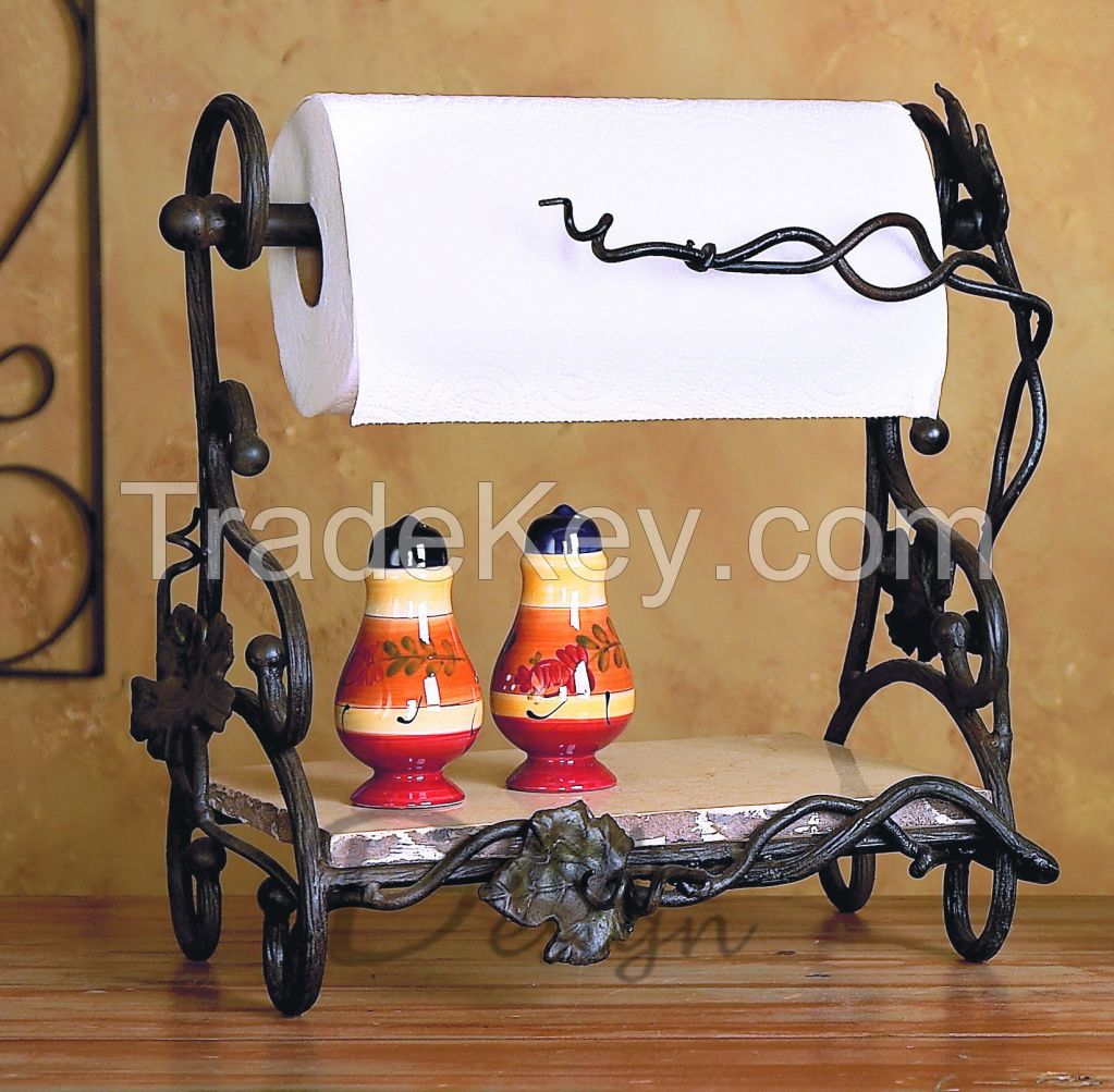 Wrought Iron Vineyard Paper Towel Rack With Marble Paper Towel Holder