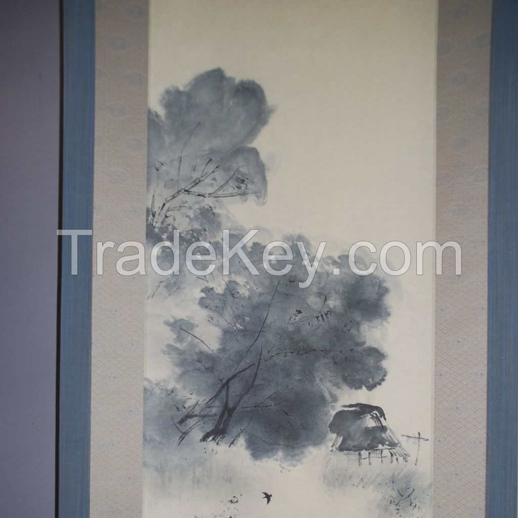 Kakejiku (Japanese hanging scroll) with landscape painting in sumi ink by Shikou Okamoto