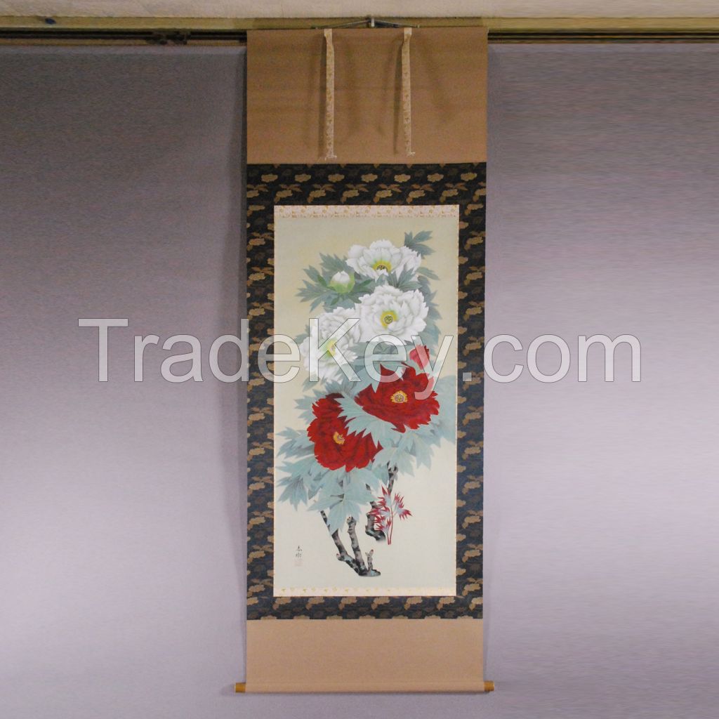 Kakejiku (Japanese hanging scroll) with Peonies painting by Haruki Wakabayashi