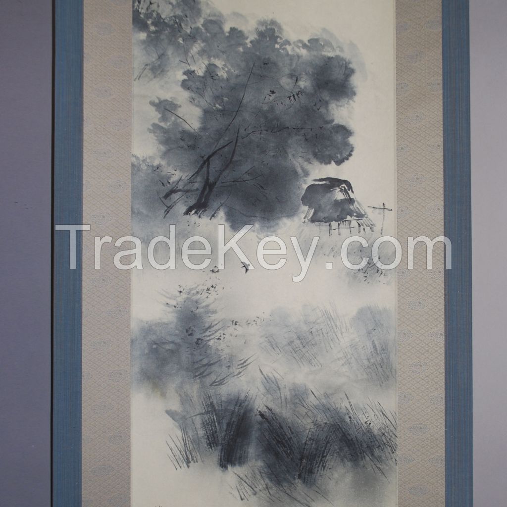 Kakejiku (Japanese hanging scroll) with landscape painting in sumi ink by Shikou Okamoto