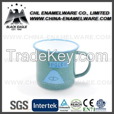 Logo printing custom enamel mug, custom steel enamel campingmug, white logo printing metal enamel cup