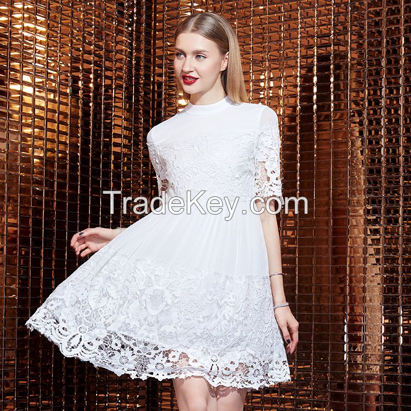 2015 yigelila 61110 new style vintage flare long sleeve loose dress chiffon dress sexy hollow out solid white lace dress