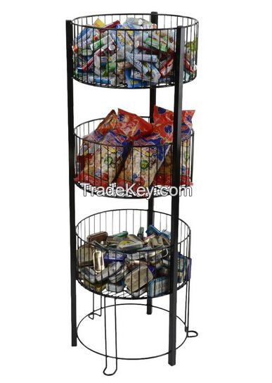 Round Tiered Wire Dump Bin, Floorstanding, 3 Baskets - Black