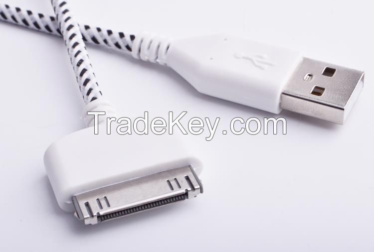 Fabric braided mobile phone cable for iphone 4 10 colors 1m2m3m length