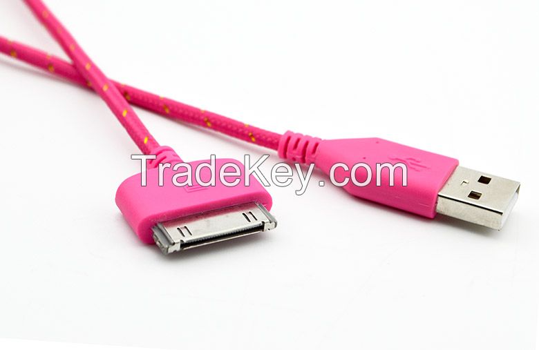 Fabric braided mobile phone cable for iphone 4 10 colors 1m2m3m length