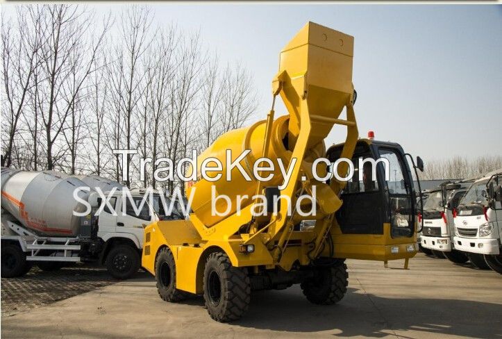 SXMW self loading mobile concrete mixer with wheels, powered by motor, gasoline or diesel engine