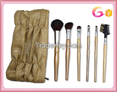 Cosmetic Brush Set with Silver hot stamp print burlap Bag - 6 piece set