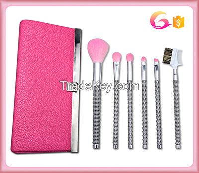 6 piece Extremely Soft High Quality Makeup Brush Set with triangle pink clemence leather case