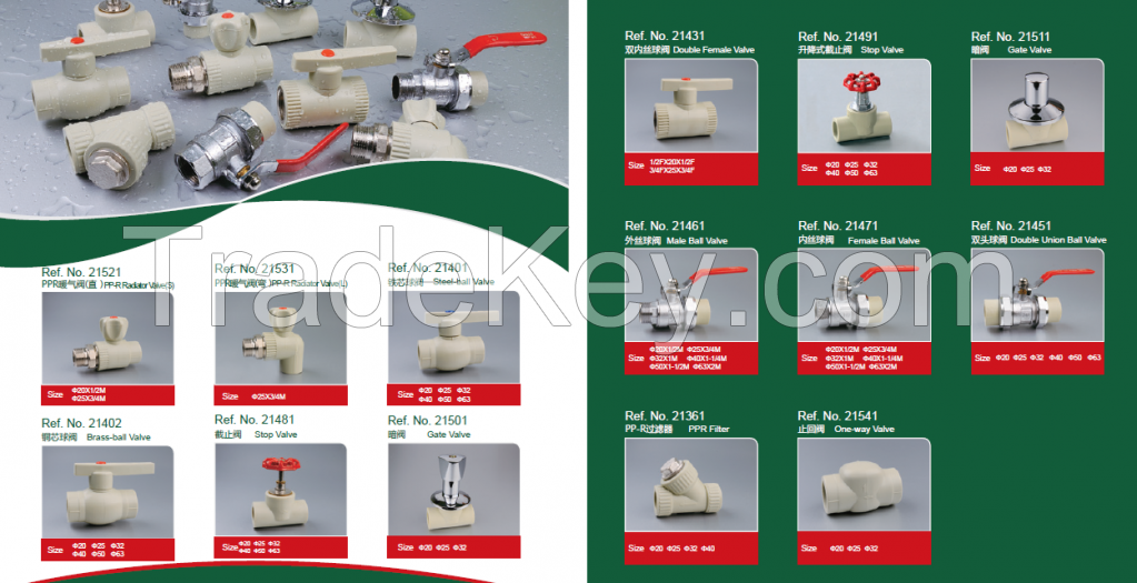 PPR Radiator/Steel/Brass/Stop/Gate Valves; PPR Union/Insert socket/Bridge Tube/Cap/Screw Stop/Swan Neck/Clip