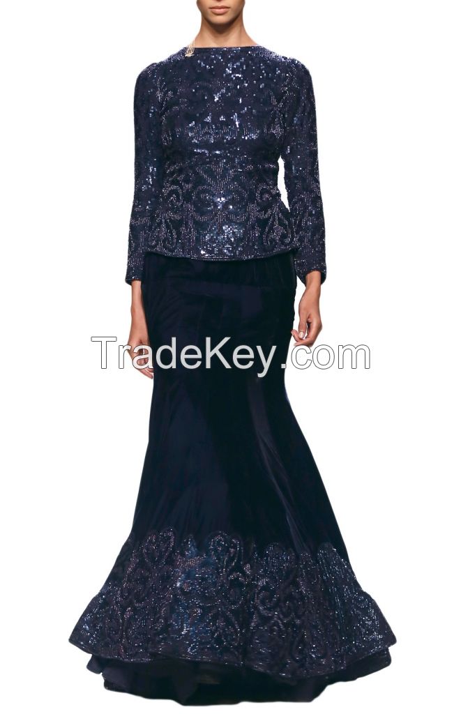 Midnight blue velvet lehenga with embroidered top by Rabani_Rakha