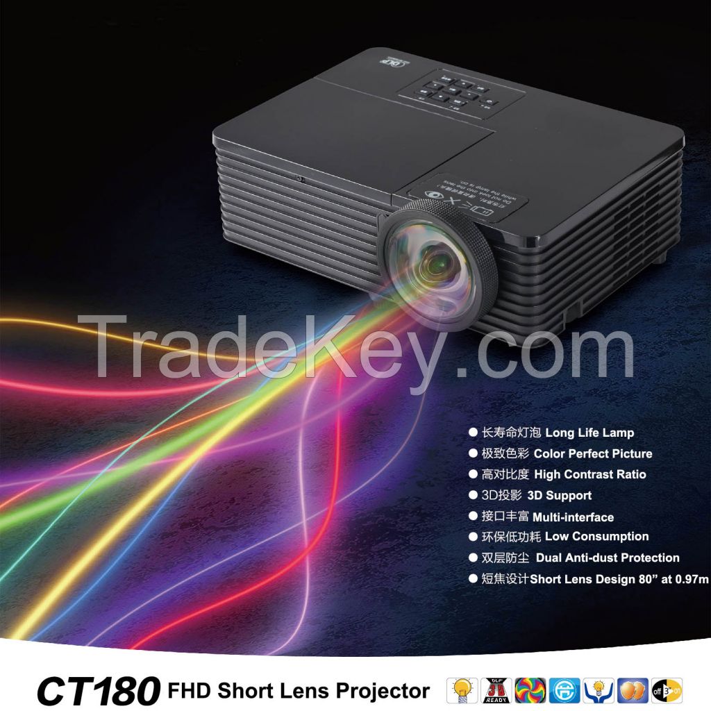 CT180 Low Throw Ratio 240W OSRAM Lamp XGA 1080p VGA HDMI LAN DLP Short Throw Lens Projector