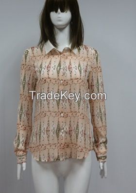 Fashion collared and long sleeve printed chiffon formal shirts womens blouse