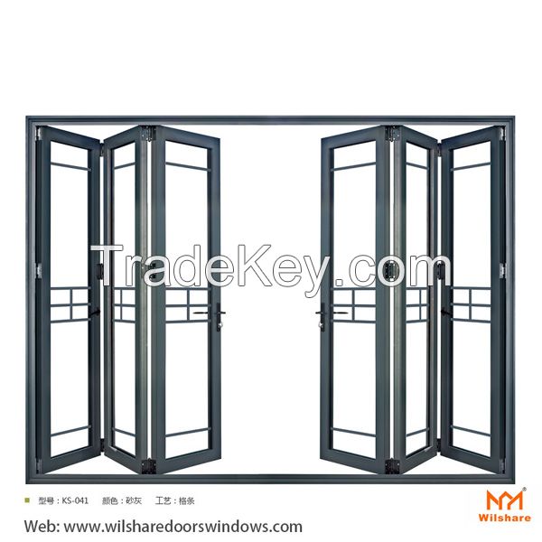 Dark grey color Aluminum Tempered double Glass Sliding Folding door