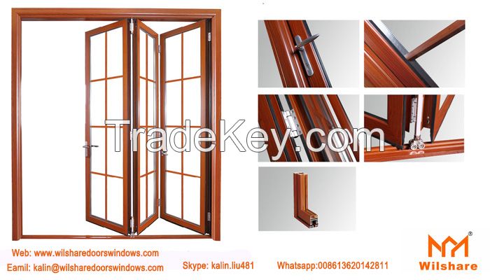 High Quality Aluminum Tempered Glass Sliding Folding/Accordion Door with Grids Inside