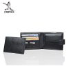 Mens Black Soft Litchi Stria Real Genuine Leather Bifold Clutch Coin Pouch ID Credit Card Zipper Pocket Wallet Purse