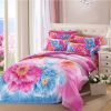 Rainbow version flowers design 4pc bed sheet set polyester cotton 300tc stripe bed sheet cover