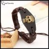 Skulls Brown Genuine Leather Bracelet with Metal Links & Adjustable Stud Fastening