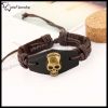 Skulls Brown Genuine Leather Bracelet with Metal Links & Adjustable Stud Fastening