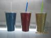 Acrylic plastic water cup double wall AS PS drinking juicer tumbler cup with straw