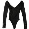 Long Sleeve Plunge Bodysuit for Women ,Crossed V-Neck Sexy Femal Bodysuit,Basic Solid Stretchy Leotard Bodycon Tops