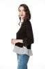 Black Long Sleeve Blouses for Women, Round Neck Cute Tops with Pearls on Cuff and Contrast Stripe on Hem 