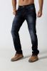 Men's straight stretch denim jeans with 3D whisker and 3D crinkle